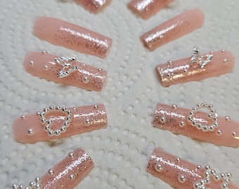 Pink Heart Butterfly Star BARBIE LOVE Wedding Full Long Fake Nail Art Kawaii 3D Set, Glitter Ombre, Pearls  Hand-Painted Gel * Ready To Ship