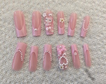 12 Nails Pink Kitty Coquette Full Long Fake Nail Art Kawaii 3D Set, Hello Heart Pearl Flower Charms + BONUS, Hand-Painted Gel READY To SHIP