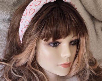 Diadema de corazones de San Valentín con nudo blanco y banda de tela. Ideal para fiestas, trabajo, citas, etc.