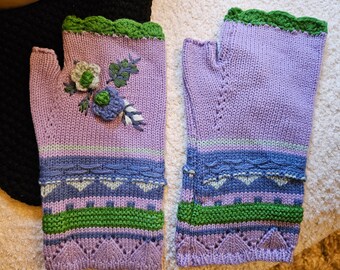 Wrist Fingerless Gloves, Knit Mittens Crochet Detail Flowers Lavendar Purple Wrist Hand Warmers