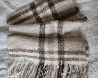 Super SOFT Mohair blend Scarf with Fringe - Cream Ivory Beige Very Warm Cozy Plaid Blanket Shawl Wrap .. Perfect for Family Work Party Date