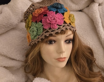 Crochet Tan Taupe Hat with Rose Rosettes Blue Green Red Pink Perfect Every Season Beanie Boho Gift