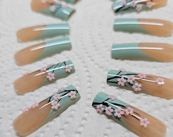 Beige Green French Cherry Blossom Wedding Full Long Fake Nail Art Kawaii 3D Set, Branches with Flower Charms, Hand-Painted Gel READY TO SHIP