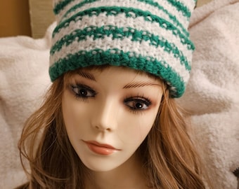 FUN Knit " CAT EAR " Style Crochet White Green Stripe Hat * Ready To Ship * Every Season Beanie Boho Gift Lucky St Patrick Saint Patty's