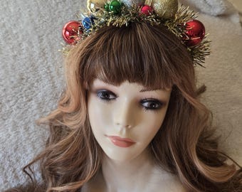 HOLIDAY Headband GOLD Tinsel Red Green Silver Christmas Balls Perfect for Family Work Party Festive