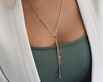 Lariat Necklace for Women, Long Gold Necklace, Dainty Y Necklace, Layering Drop Necklace, Adjustable Sterling Silver Lariat, Gift for Her