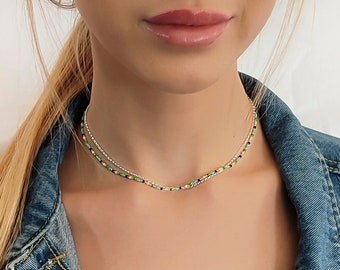 Gestrandete Choker Halskette für Frauen. Layering Halskette mit Perlen. Zierliche Perlen Schmuck für jeden Tag. Einstellbar zwischen 13 "-16"