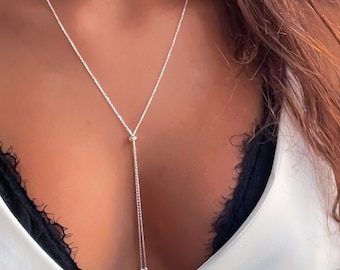 Collier lariat en argent sterling, collier en forme de goutte de perles coulissantes, collier en Y élégant et délicat, bijoux de mariée, cadeau délicat pour elle