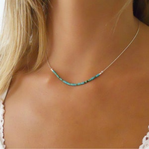 Sterling Silver Necklace With Turquoise Beads,  Delicate Silver Necklace,  Layering Silver necklace, Turquoise Bar Silver Necklace.