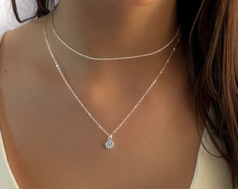 Coin Charm Necklace, Cubic Zirconia Pendant Necklace, Silver Necklace for Women ,Round Charm Pendant, Set Of Necklaces, Rope Choker, Dainty