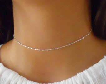 Gargantilla de plata simple, collar de cadena de plata de ley 925 con cuadrados diminutos, collar de gargantilla, gargantilla de plata en capas, #336
