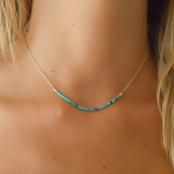 Gold Filled Necklace with Turquoise Beads,  Seed Bead Turquoise Necklace, Turquoise Choker Necklace, Dainty gemstone Necklace #234