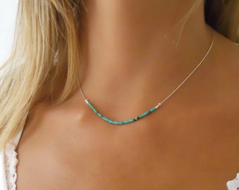 Sterling Silver Necklace With Turquoise Beads,  Delicate Silver Necklace,  Layering Silver necklace, Turquoise Bar Silver Necklace.