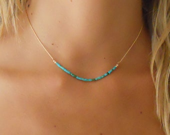 Gold Filled Necklace with Turquoise Beads,  Seed Bead Turquoise Necklace, Turquoise Choker Necklace, Dainty gemstone Necklace #234