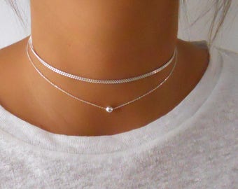 Choker Necklace, Silver Set of 2 Chokers, Layered  Sterling Silver Necklaces, Silver Choker, Simple Silver Necklace, Short Silver Necklace