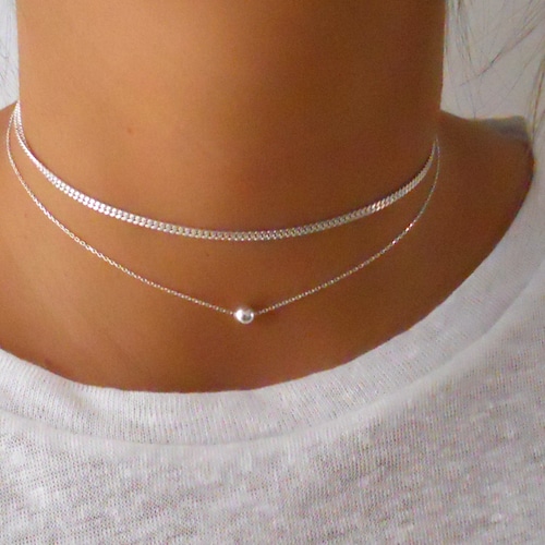 Silver Set of 2 Chokers, Layered Set Of Two Sterling Silver Necklaces, Silver Choker, Simple Silver Necklace, Short Silver Necklace #528
