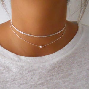 Choker Necklace, Silver Set of 2 Chokers, Layered  Sterling Silver Necklaces, Silver Choker, Simple Silver Necklace, Short Silver Necklace