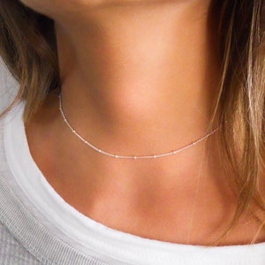Sterling Silver Necklace, Choker, Silver Chain Necklace for Women, Dainty Necklace Silver, Dot Necklace, Satellite, Simple Silver Necklace