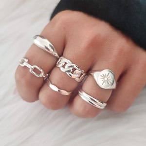 Trendy Sterling Silver Rings for Women, Adjustable Chunky Chain Rings, Sun Ring, Dome Ring, Signet Ring, Stacking Open Rings, Cuff Ring