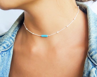 Sterling Silver Choker, Turquoise Necklace Silver, Dainty Silver Necklace for Women, Silver Beaded Choker, Silver Choker, Dainty Choker