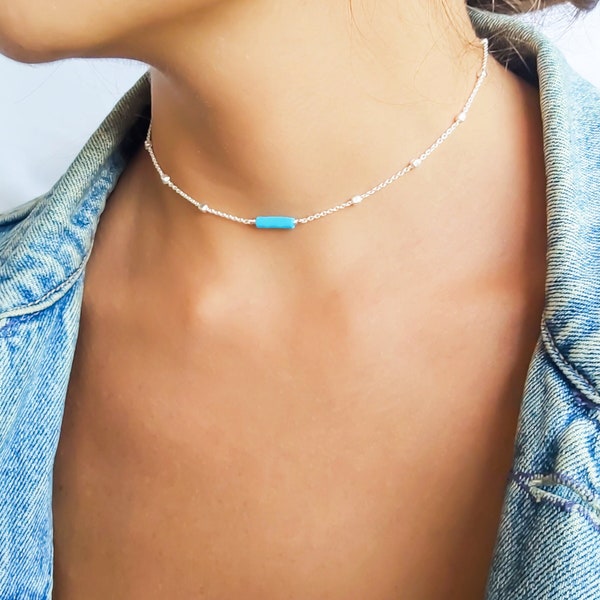 Sterling Silver Choker, Turquoise Necklace Silver, Dainty Silver Necklace for Women, Silver Beaded Choker, Silver Choker, Dainty Choker