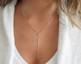 Gold Necklace for Women, Gold Drop Necklace, Long Fold Necklace, Lariat Necklace, Y Necklace, Dainty Gold Chain Necklace, Everyday Necklace