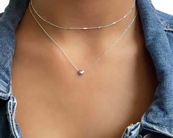 Annika Bella Sterling Silber Herz Halsketten-Set, Layered Halsketten, Layering Halskette, Minimalist Choker, Zierliche Set von zwei Halsketten