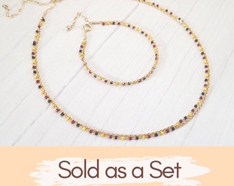 Beaded Jewelry Set for Woman, Gold choker Necklace and Bracelet Set, Matching Stranded Choker and Bracelet, Gift for Het