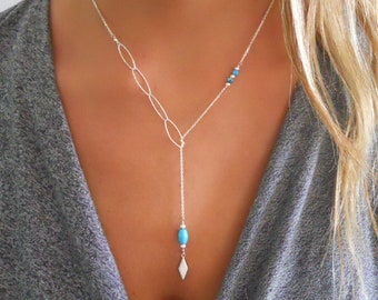 Dainty Adjustable Silver & Turquoise Beads Y Lariat Necklace #379