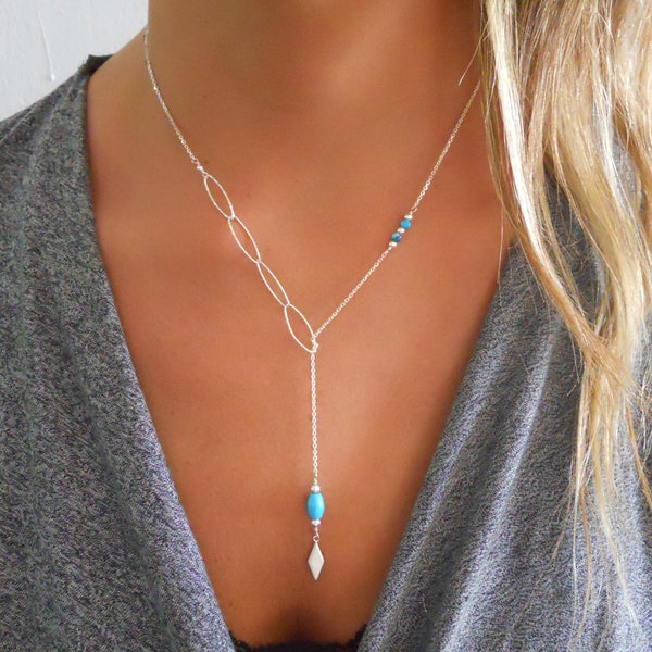 Dainty Adjustable Silver & Turquoise Beads Y Lariat Necklace #379