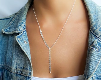 Lariat Necklace Silver, Sterling Silver Lariat Necklace, Long Necklace Silver, Y Necklace, Disc Chain Necklace, Dainty Women Silver Necklace