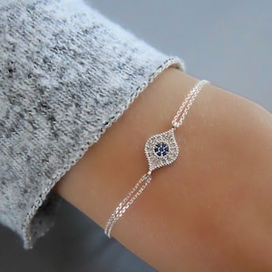 Bracelet mauvais œil, bracelet en argent sterling pour femme, bracelet oeil en argent, bracelet zircone cubique, bracelet délicat en argent, annikabella