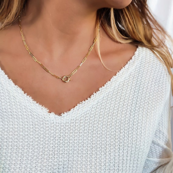 Gold Paperclip Necklace Front Lock 