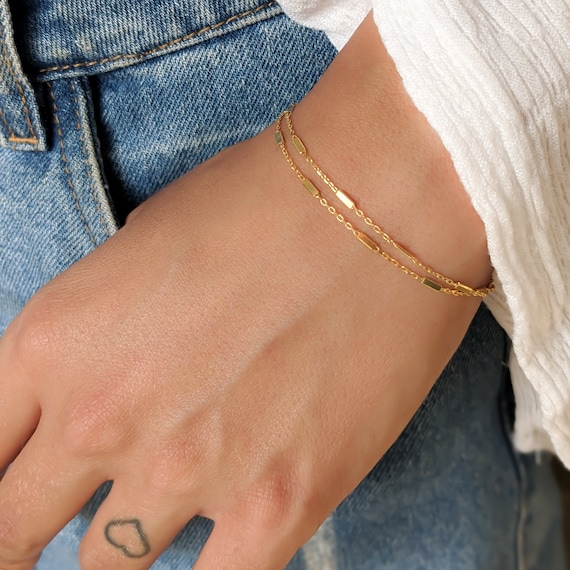14K Gold Triangle Link Chain Bracelet - Dainty Gold Bracelet for Women -  Yellow | eBay