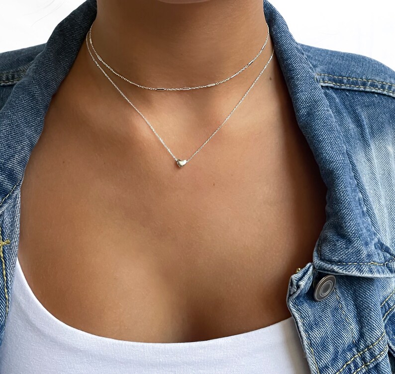 Annika Bella Sterling Silver Heart Necklace Set, Layered Necklaces, Layering Necklace, Minimalist Choker, Dainty Set of Two Necklaces image 2