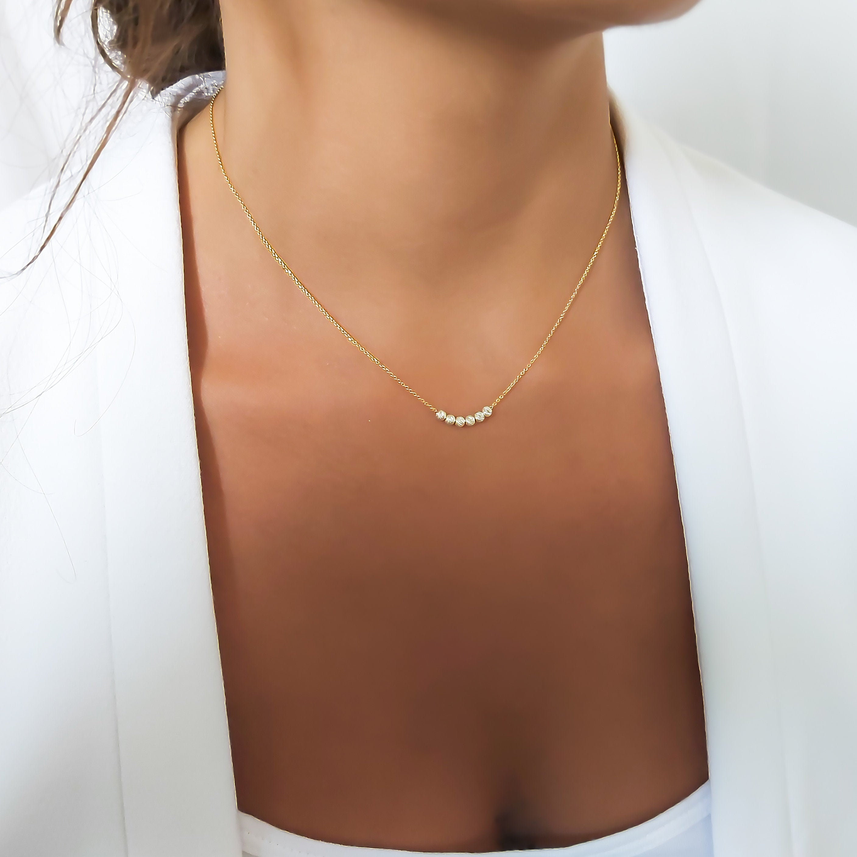 Gold Necklace with Sterling Silver Beads; Minimal Gold Necklace; Dainty Gold Necklace; Delicate Layering Gold Necklace;