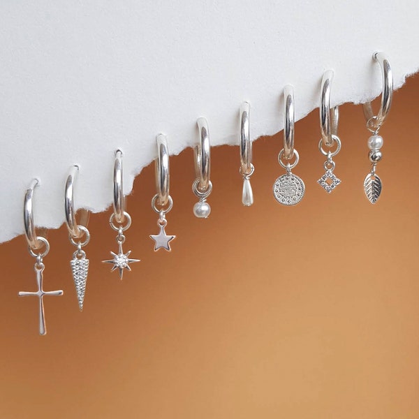 Annika Bella Mix & Match Silver Huggie Earrings, Huggie with Charm, Hoop Earring, Cubic Zirconia Studs, Gift for Her, Spike, Silver earrings