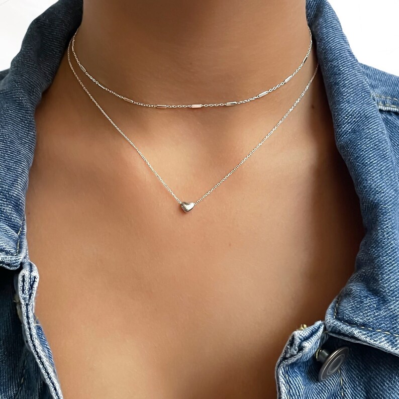 Annika Bella Sterling Silver Heart Necklace Set, Layered Necklaces, Layering Necklace, Minimalist Choker, Dainty Set of Two Necklaces image 1