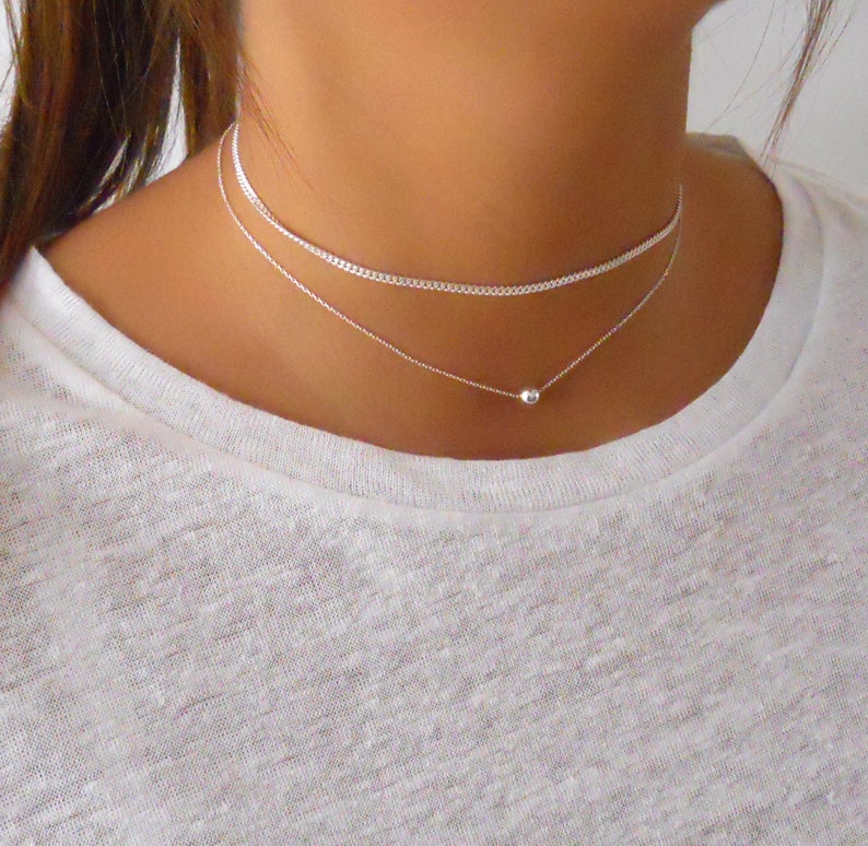 Choker Necklace, Silver Set of 2 Chokers, Layered Sterling Silver Necklaces, Silver Choker, Simple Silver Necklace, Short Silver Necklace zdjęcie 5