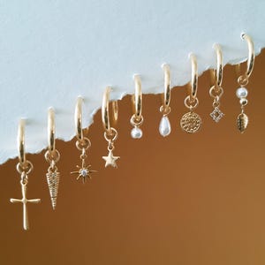 Annika Bella, Huggie Hoop Earrings, Earrings with Charms, Dangling Charm Earring, Gold Huggies