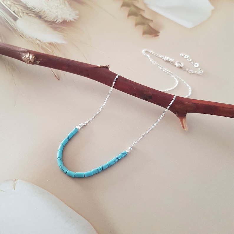 Sterling Silver Necklace With Turquoise Beads, Delicate Silver Necklace, Layering Silver necklace, Turquoise Bar Silver Necklace. image 4