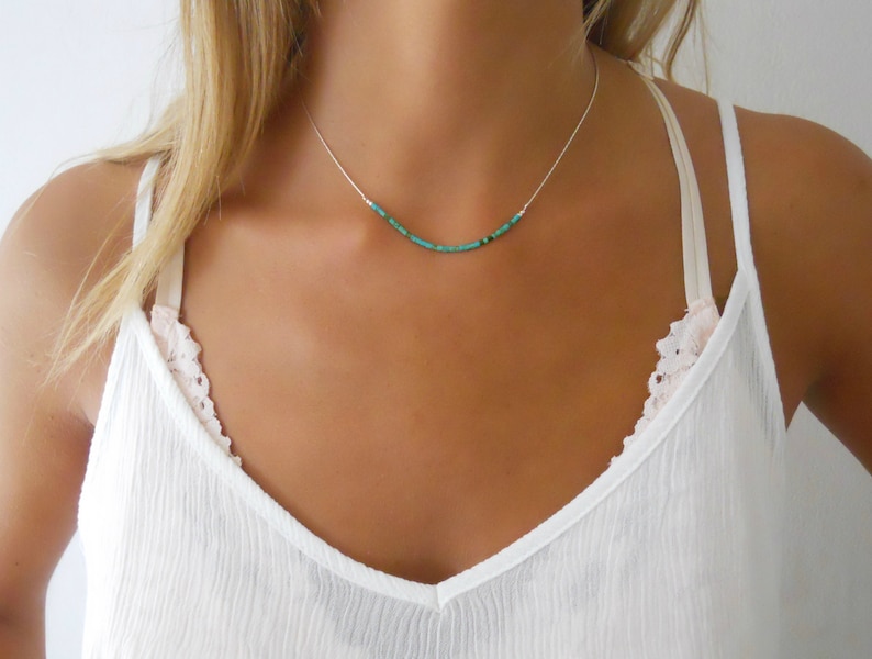 Sterling Silver Necklace With Turquoise Beads, Delicate Silver Necklace, Layering Silver necklace, Turquoise Bar Silver Necklace. image 3