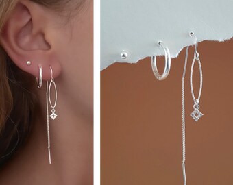 Ear Threaders, Silver Stud Earrings,  Earrings Dangle,  Earrings,  Set of 3 Earrings, Huggie Hoops,  Minimalist Earrings Set