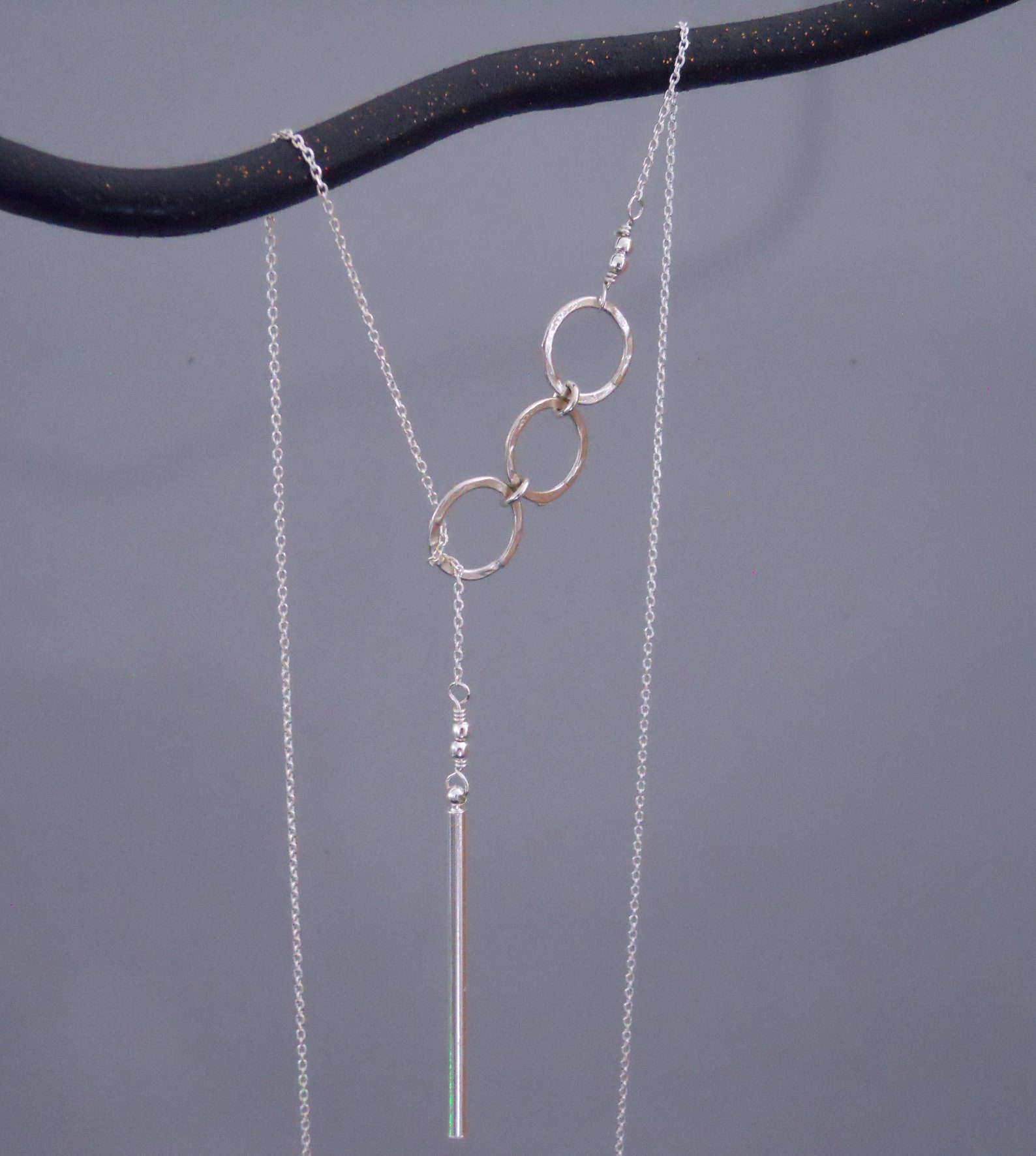 Silver Lariat Necklace With Circles and Stick Bar Layering Etsy