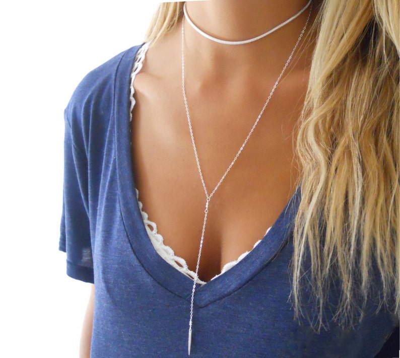 Long Silver Y necklace Silver Lariat Necklace Layering Etsy