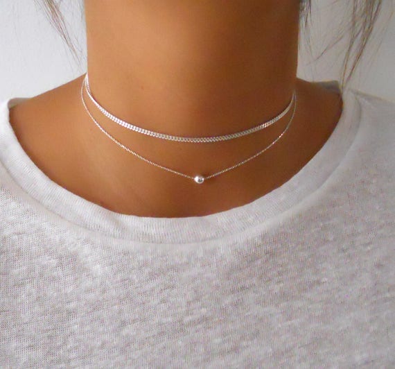 Silver Set of 2 Chokers, Layered Set of Two Sterling Silver Necklaces,  Silver Choker, Simple Silver Necklace, Short Silver Necklace 528 