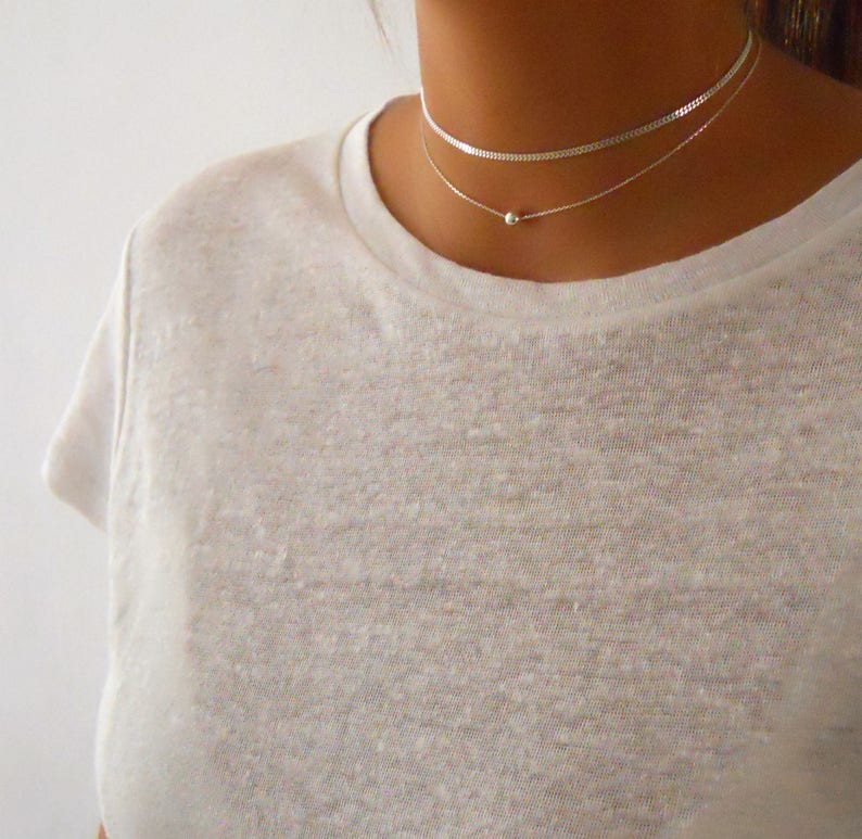 Choker Necklace, Silver Set of 2 Chokers, Layered Sterling Silver Necklaces, Silver Choker, Simple Silver Necklace, Short Silver Necklace zdjęcie 4