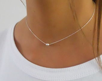 Silver Bead Choker, Sterling Silver Necklace, Dainty Bead Collar, Minimalist Silver Necklace, Layering Choker Necklace #337