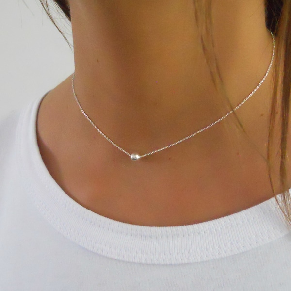 Silver Bead Choker, Sterling Silver Necklace, Dainty Bead Collar, Minimalist Silver Necklace, Layering Choker Necklace #337