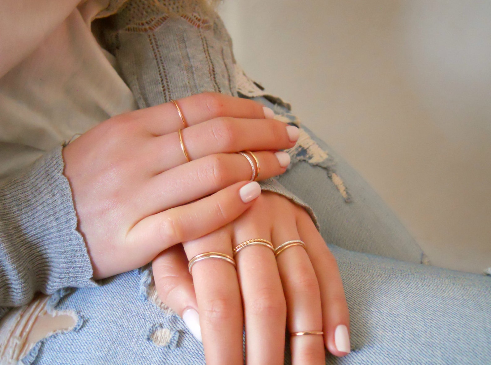 14k Gold Filled Ring Set Set Of 3 Rings Hammered Ring Round Etsy